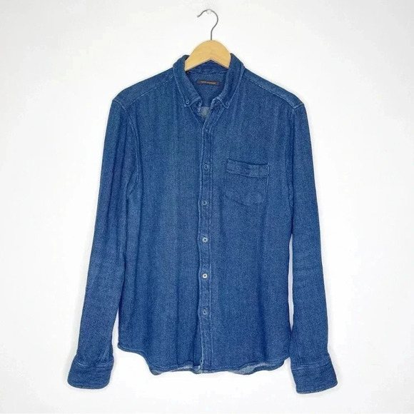 Adolfo Dominguez Knit Long Sleeve Blue Button Down Mens Shirt Size Medium - Picture 1 of 7